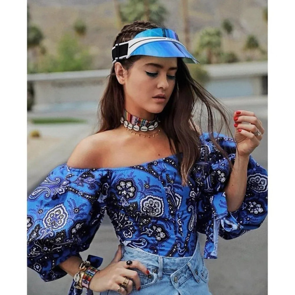 Caroline Constas Tops - NWT Caroline Constas Nella Paisley Floral Off the Shoulder Puff Sleeve Top Blue